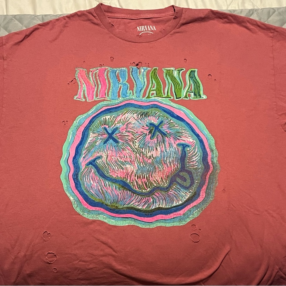 NIRVANA Red Tee with Colorful Smiley Design